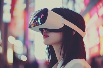 Canvas Print - Woman in white VR goggles standing in a colorful digitally immersive environment exploring the vibrant intersection of technology creativity and art in a futuristic world