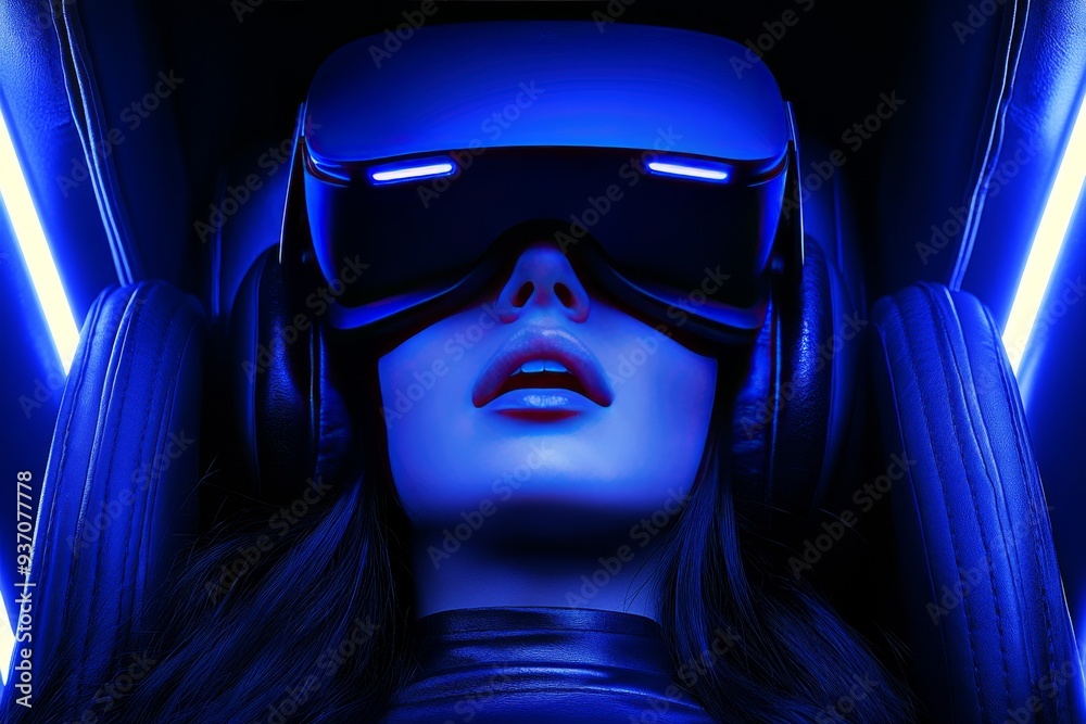 Close up of a woman in a VR headset surrounded by glowing blue and pink ...