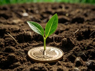 a small plant growing on a coin lying on the ground. Green investment concept, Collecting money to invest. Financial growth concept