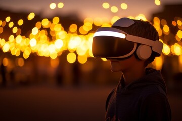 Sticker - Young boy illuminated by warm golden lights while wearing a VR headset capturing the contrast between tradition and modernity in a festive atmosphere enhanced by virtual reality