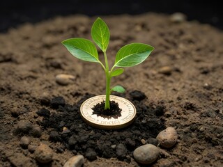 a small plant growing on a coin lying on the ground. Green investment concept, Collecting money to invest. Financial growth concept