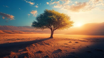 Wall Mural - Solitary Tree in a Desert Landscape at Sunset