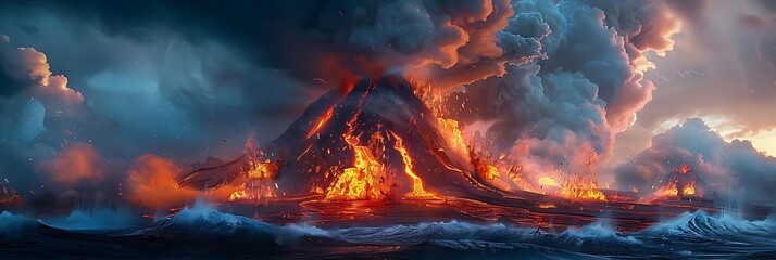 Sticker - A dramatic volcanic eruption with flowing lava and dark clouds over the ocean.