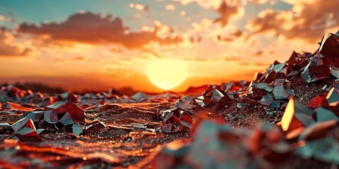 Aufkleber - A sunset over a rocky beach with a large rock in the foreground
