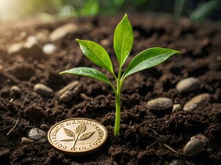 a small plant growing on a coin lying on the ground. Green investment concept, Collecting money to invest. Financial growth concept