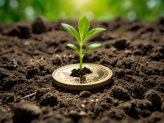 a small plant growing on a coin lying on the ground. Green investment concept, Collecting money to invest. Financial growth concept