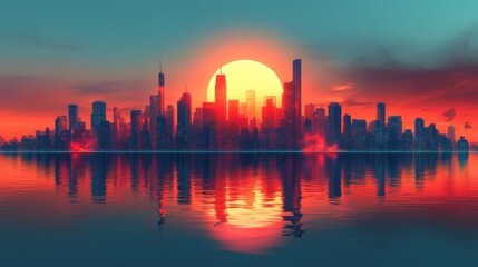 Wall Mural - Cityscape Sunset Reflection