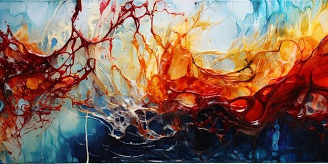 Wall Mural - A painting of red and yellow flames with blue water in the background