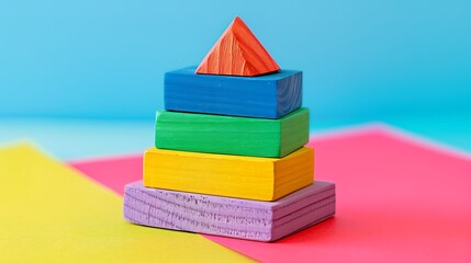 Wall Mural - Multi colored wooden toy pyramid stands isolated on colorful background