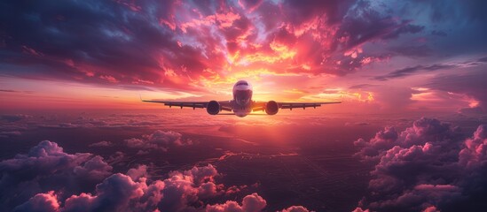 Wall Mural - Airplane Flying Through Sunset Clouds