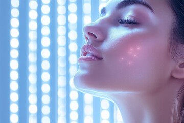 Canvas Print - Close up of a woman with closed eyes basking in soft ambient light symbolizing the serene and introspective qualities of modern digital experiences