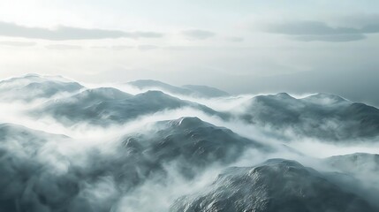 Canvas Print - Serene mountain landscape shrouded in mist, evoking tranquility and natural beauty.