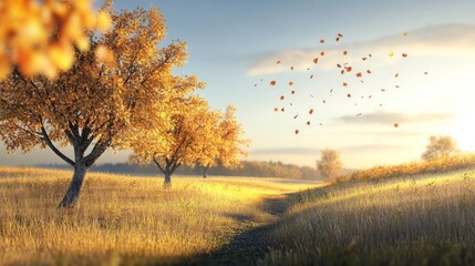 Wall Mural - Autumn Landscape with Falling Leaves and Trees