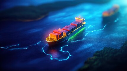 Wall Mural - Futuristic Smart Port Featuring AI-Controlled Cargo Ships in 3D Illustration with Copy Space for Text