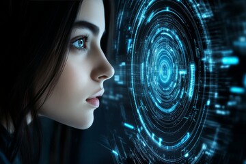 Wall Mural - Side profile of a woman in a dark futuristic setting with digital data streams forming in front of her symbolizing the advanced integration of technology in a modern world