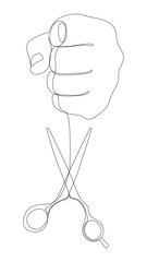 Poster - One continuous line of hand with scissor. Thin Line Illustration vector concept. Contour Drawing Creative ideas.