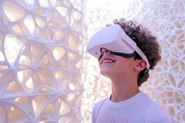 Poster - Woman with curly hair wearing a white VR headset standing in front of an intricate architectural design representing the blend of tradition and futuristic technology