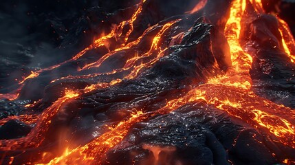 Canvas Print - A close-up view of flowing lava on a volcanic surface, showcasing heat and geological activity.