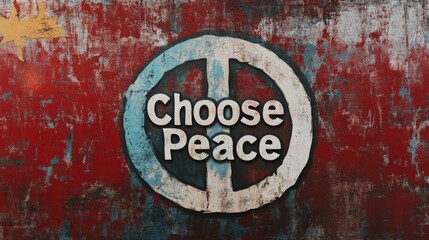 Digital illustration of a cracked, weathered peace sign painted on a wall, with text 