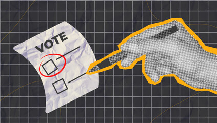 Halftone collage Voting illustration with modern design featuring hands and ballots. Ideal for election campaigns, voter registration drives, or political content