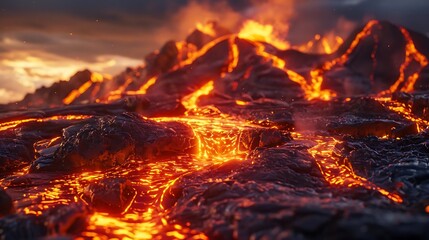 Sticker - A dramatic view of flowing lava on a volcanic landscape at sunset.