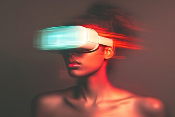 Sticker - Woman with short hair wearing a VR headset with dynamic light trails symbolizing the speed and energy of modern digital technology