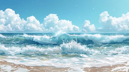 Wall Mural - A serene ocean scene with waves crashing on a sandy beach under a bright blue sky.