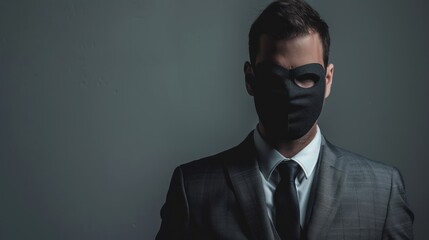 Masked Man in Suit with Tie Against a Grey Background