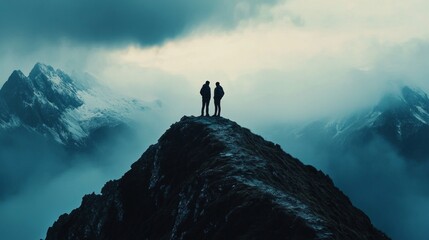 two hikers standing on a mountain peak