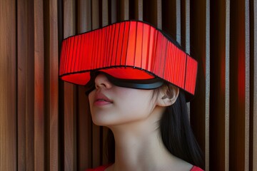 Poster - Elegant woman wearing a sleek red VR headset against a wooden backdrop blending fashion with cutting edge virtual reality technology in a sophisticated setting