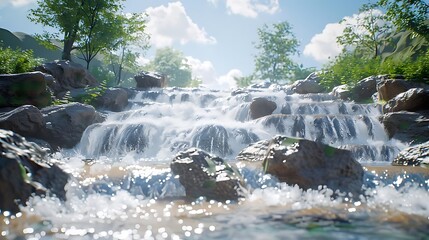 A serene waterfall cascading over rocks in a lush, green landscape.