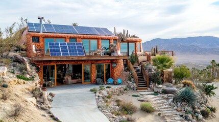 A modern, desert-inspired home with a solar panel roof and large windows overlooking a mountainous landscape.