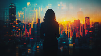 Abstract business woman stands on the peak of success amid tall, innovative  Smart city and graphs with statistics to analyze business potential and predict future developments in company growth.