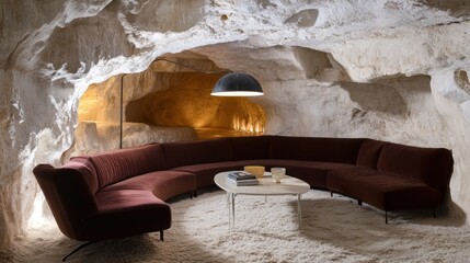 A modern curved sofa sits in a cave with a large light fixture illuminating the interior.