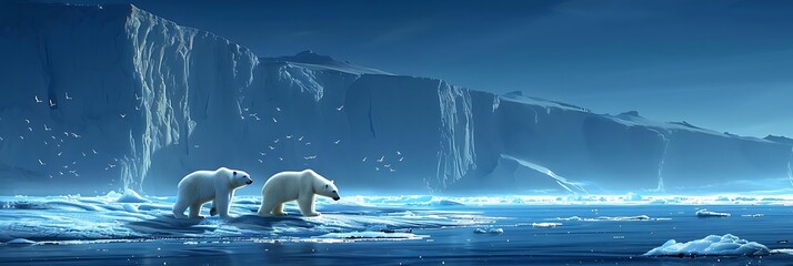 Poster - Two polar bears traverse an icy landscape under a serene blue atmosphere.