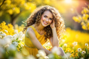 Wall Mural - portrait of beautiful girl in the field with flowers in the background