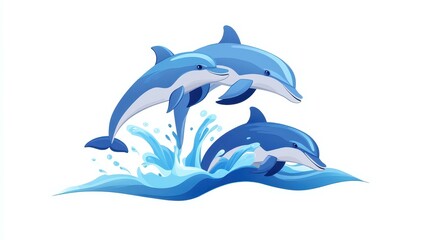 Wall Mural - Watch playful baby dolphins dance joyfully in vibrant waters, depicted in a modern flat art style bursting with colors.