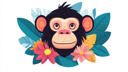 Poster - A vibrant, flat design of a playful monkey set against a backdrop of tropical leaves and bright flowers.