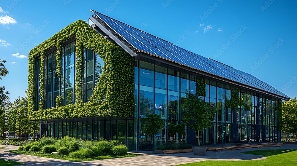 A contemporary building with a green facade and solar panels on the ...