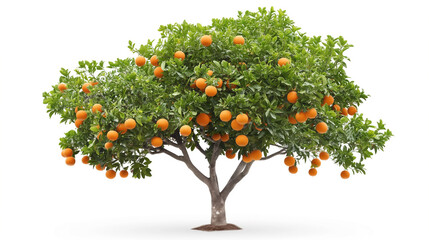 Wall Mural - A lush orange tree laden with ripe oranges, isolated on a white background, symbolizing abundance, nature, and fresh produce.