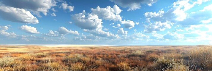 Sticker - A serene landscape featuring vast grasslands under a bright blue sky with fluffy clouds.