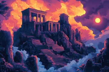 Wall Mural - Ancient Temple Ruins on a Mountaintop at Sunset