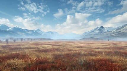 Sticker - A serene landscape featuring mountains, grasslands, and a cloudy sky.