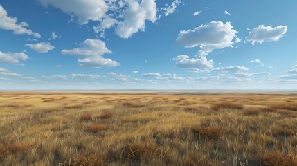 Sticker - A vast landscape featuring golden grass under a bright blue sky with scattered clouds.