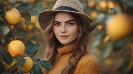 Cheerful Woman in Sweater Smiling Outdoors at Apricot Farm in Autumn Foliage, print for National Apricot Day