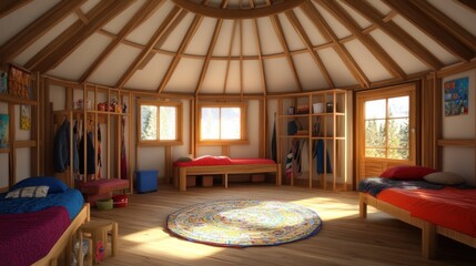 Poster - A cozy, rustic yurt interior with two beds, a colorful rug, and a wooden frame window overlooking a forest.