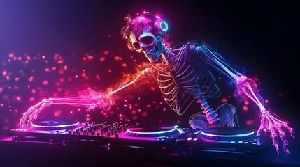 Wall Mural - A skeletal DJ spinning records, Halloween-themed party mask, neon light effects, dynamic pose, modern digital art style, isolated on white background