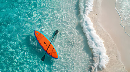 An orange and blue paddleboard on the beach, a bird's eye view, high definition photography, clean white sand, clear turquoise sea water, waves lapping at shore edge, and a sense of calmness.