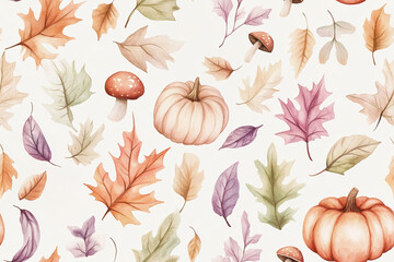 Wall Mural - Stylish fall, watercolor seamless pattern. Autumn vibes. Floral seamless pattern for textiles, backgrounds, web design, crafts paper