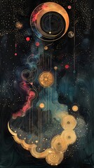 Wall Mural - Abstract Gold and Red Circles on Dark Background.